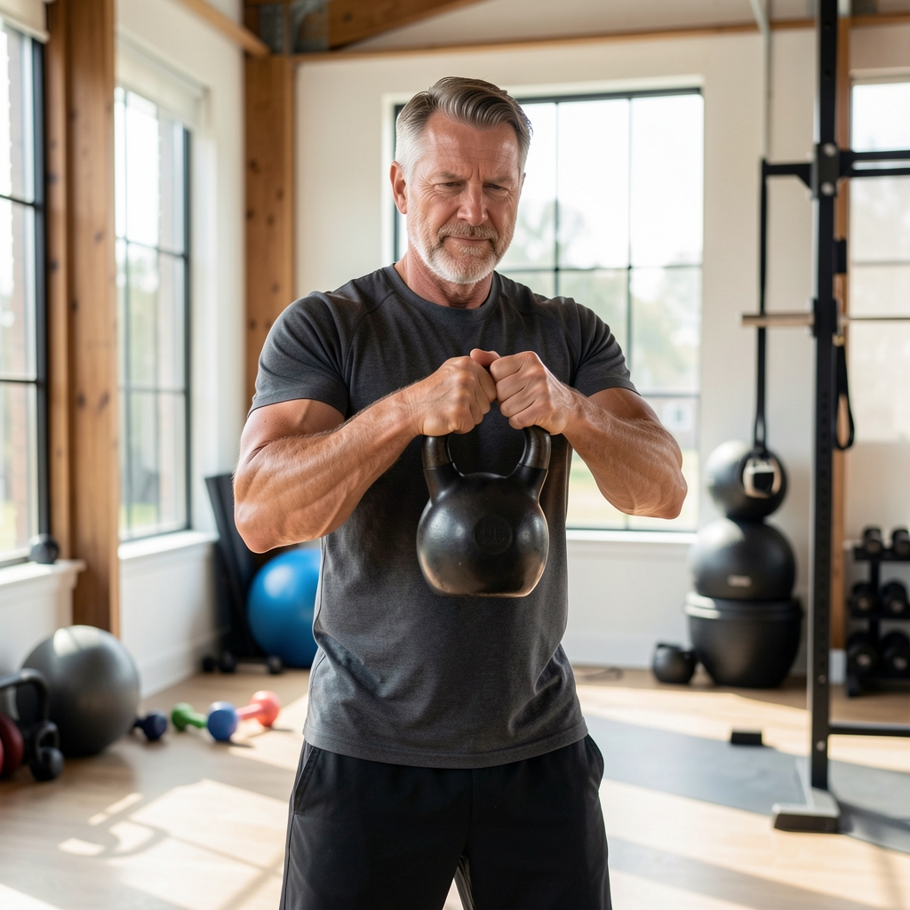 Mature man performing a controlled kettlebell carry in an airy functional training space